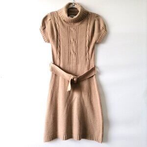 NWT Red Paint Beige Puff Sleeve Turtle Neck Belted Knitted Sweater Dress Size